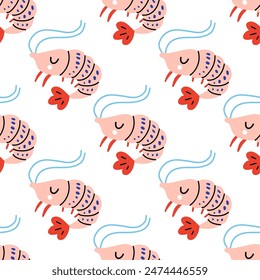 Gambas de dibujos animados Vector textura sin fisuras. Gambas divertidas sobre fondo blanco 