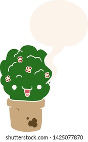 arbusto de dibujos animados en maceta con burbuja de habla en estilo retro