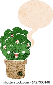 arbusto de dibujos animados en maceta con burbuja de habla en un estilo retro angustiado y con textura estrafalaria