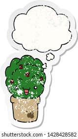 cartoon shrub in pot with thought bubble as a distressed worn sticker