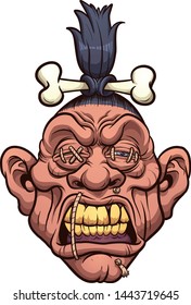 Cartoon shrunken head with bone clipart. Vector illustration with simple gradients. All in a single layer. 
