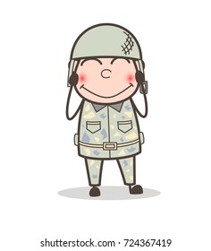 Cartoon Shy Army Man Smiling Vector Illustration