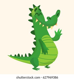 Cartoon shy crocodile smiling and waving. Vector character for sticker design or decoration
