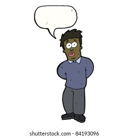 cartoon shy man with speech bubble