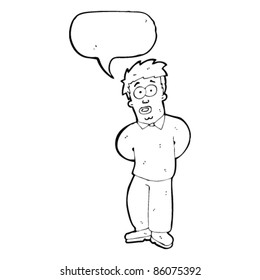 cartoon shy man with speech bubble