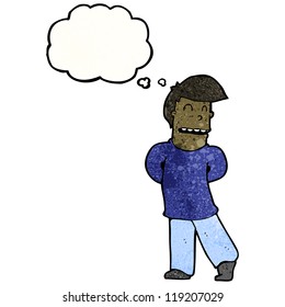 cartoon shy man with though bubble
