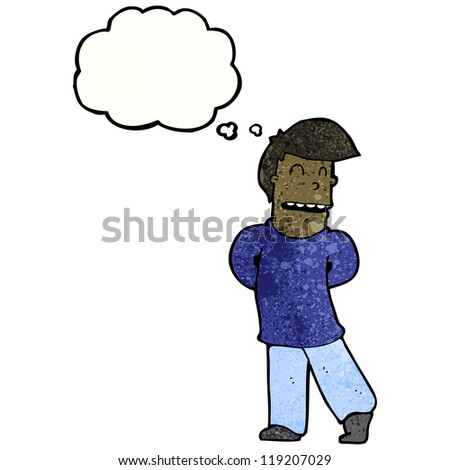 cartoon shy man with though bubble
