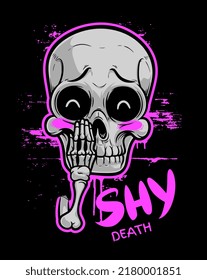 Cartoon shy skull with the bright pink lettering. Vector illustration, can be used as T-shirt print. Black, pink and grey series.