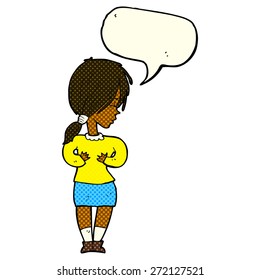 cartoon shy woman with speech bubble