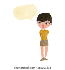 cartoon shy woman with speech bubble