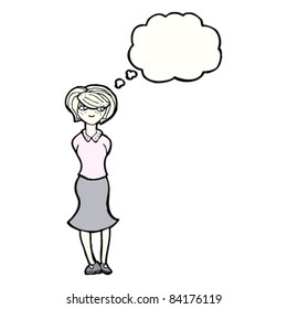 cartoon shy woman with thought bubble