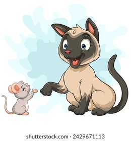 Cartoon siamese cat and little mouse playing together.