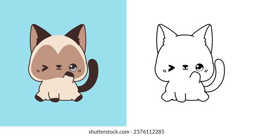 Cartoon Siamese Kitten Clipart for Coloring Page and Illustration. Clip Art Isolated Cat. Cute Vector Illustration of a Kawaii Animal for Prints for Clothes, Stickers, Baby Shower. 