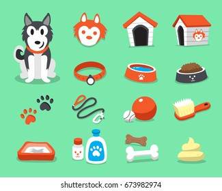 Cartoon siberian husky dog and accessories set