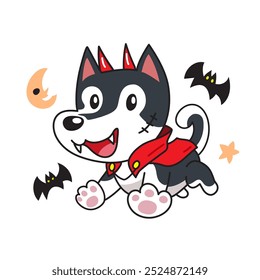 Cartoon siberian husky dog with halloween costume for design.