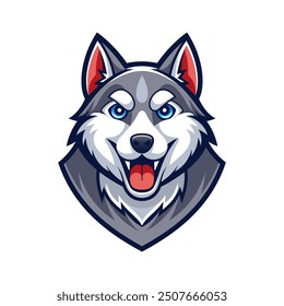 Cartoon Siberian husky head logo or icon. Good-natured dog shows its tongue. Stock vector illustration.