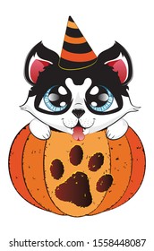 Cartoon siberian husky sit in pumpkin, cute Halloween dog.