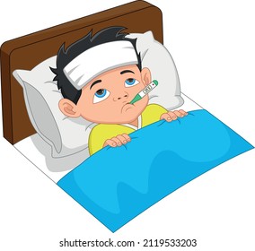 cartoon sick boy with high temperature