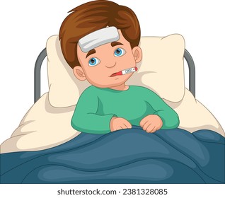 cartoon sick boy with high temperature