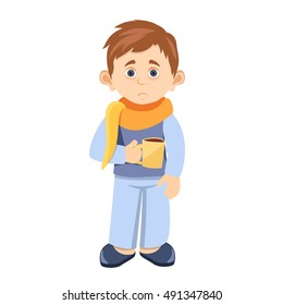 cartoon sick child with a Cup of hot tea in hand. dressed in a homemade costume. neck wrapped in a scarf.sick schoolboy at home poster flat abstract vector illustration