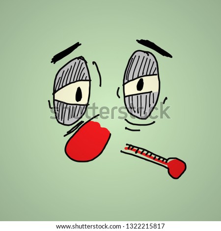 Cartoon of a sick face with a high temperature thermometer. Vector illustration.