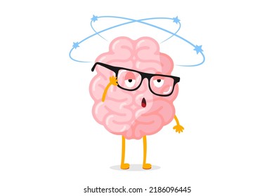 Cartoon sick human brain fainted dizzy. Central nervous system mascot with glasses dizziness. Human mind organ character feeling unwell and headache. Vector eps illustration