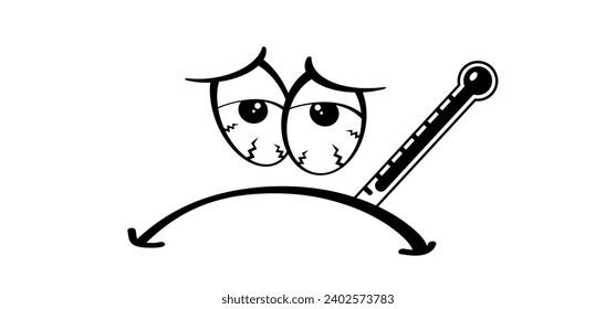 Cartoon Sick or Ill person. Fahrenheit, Celsius thermometer in his mouth. fever, corona, virus, runny nose, sneezes headache, cough or having cold. Symptoms of a viral infection, respiratory illness.