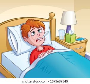 Cartoon of a sick looking boy laying in bed with a thermometer in his mouth with a sweat drop coming down from his forehead.