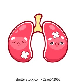 Cartoon kranke Lunge Charakter. Verletzte und ungesunde menschliche Organe. Physiologie und Gesundheitsprobleme, Erkrankungen der menschlichen Lungen, medizinische Diagnose oder Atemwege des Organsystems des Körpers krank und traurig