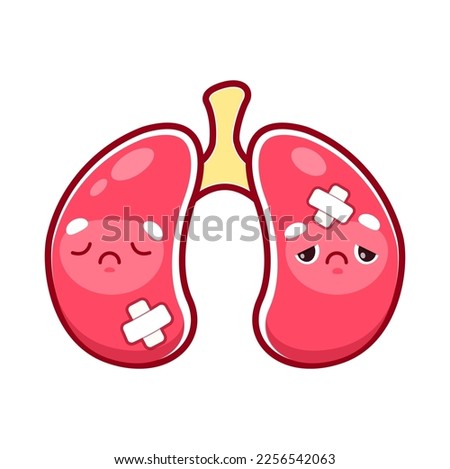 Cartoon sick lungs character. Injured and unhealthy human organ. Physiology and health problem, human lungs disease, medical diagnosis or body respiratory system internal organ sick and sad personage