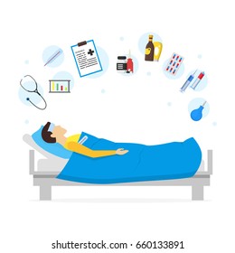 Cartoon Sick Man in Bed and Element Set Infection Illness and Fever. Vector illustration