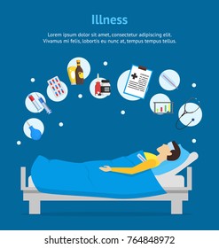 Cartoon Sick Man in Bed and Element Set Card Poster Infection Illness and Fever. Vector illustration
