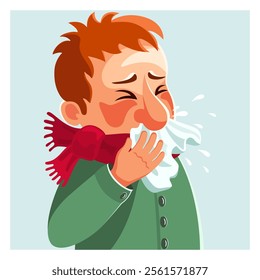 cartoon sick man blow nose and sneezing. man suffer from flu. vector illustration.