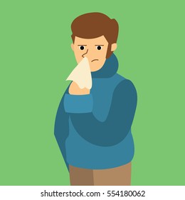 Cartoon Sick Man with Symptom Flu on a Green Background Flat Design Style. Vector illustration