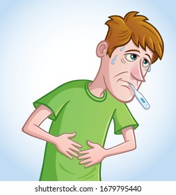 Cartoon of a sick and pale looking man that is holding his stomach with sweat droplettes coming from his forehead and a thermometer in his mouth with a high temperature reading.