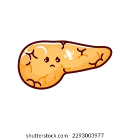 Cartoon sick pancreas organ character. Digestive system internal organ, medical diagnosis or physiology and health problem vector personage. Human body disease, pancreas sad character with patch