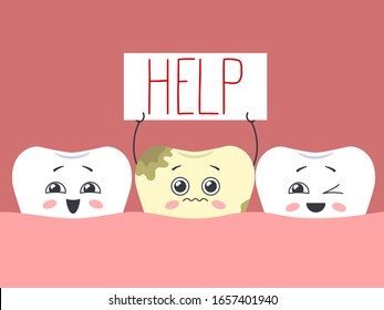 Cartoon sick tooth asks for help. Vector illustration