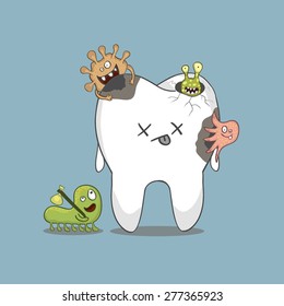 cartoon sick tooth with bacteria