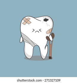 cartoon sick tooth with sticky plaster and bandages