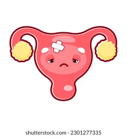 Cartoon sick uterus organ character with medical patch, woman health and anatomy, isolated vector. Menstruation or female reproductive system disease and ovary illness from infection or inflammation