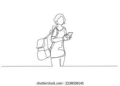 Cartoon of side portrait of woman student walking with bag and cellphone. One line style art
