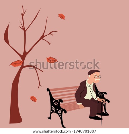 Cartoon side view of alone grandpa  sitting on brown bench under old tree. One lonely Old man on park, outdoor waiting someone. Elderly man wearing brown suit on beautiful bench. Vector flat design