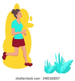 Cartoon side view of beautiful girl running in park.Vector isolate flat design for Healthy Lifestyle. Happy woman. Sporty Characters, cardio exercising, marathon, city run, summer outdoor banner 