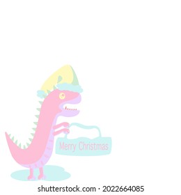 Cartoon side view of pink dinosaur wearing a yellow christmas hat, standing holding a sign has text Merry Christmas on white background.Vector isolate flat design for T-Shirt kids or children’s card.