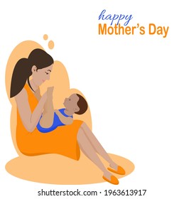 Cartoon side view of Young beautiful mother wearing orange  dress is sitting with little baby on her lap on white background. Cute child playing on lap mum.Vector flat design concept for Mother’s Day.