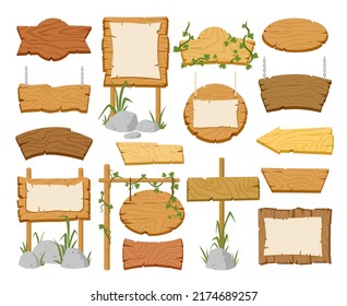 Cartoon sign boards, wooden signs, rustic banners and borders. Vector illustrations set