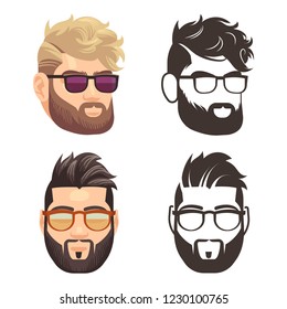 Cartoon and silhouette bearded hipster man set