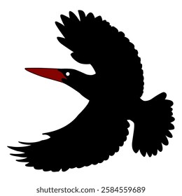 Cartoon silhouette bird character red mouth on the fly