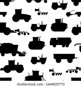 Cartoon Silhouette Black Agricultural Vehicles Seamless Pattern Background Include of Tractor and Truck Flat Design Style. Vector illustration