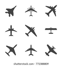 Cartoon Silhouette Black Airplane Set Different Types Travel Concept Element Flat Design Style. Vector illustration of Jet or Plane